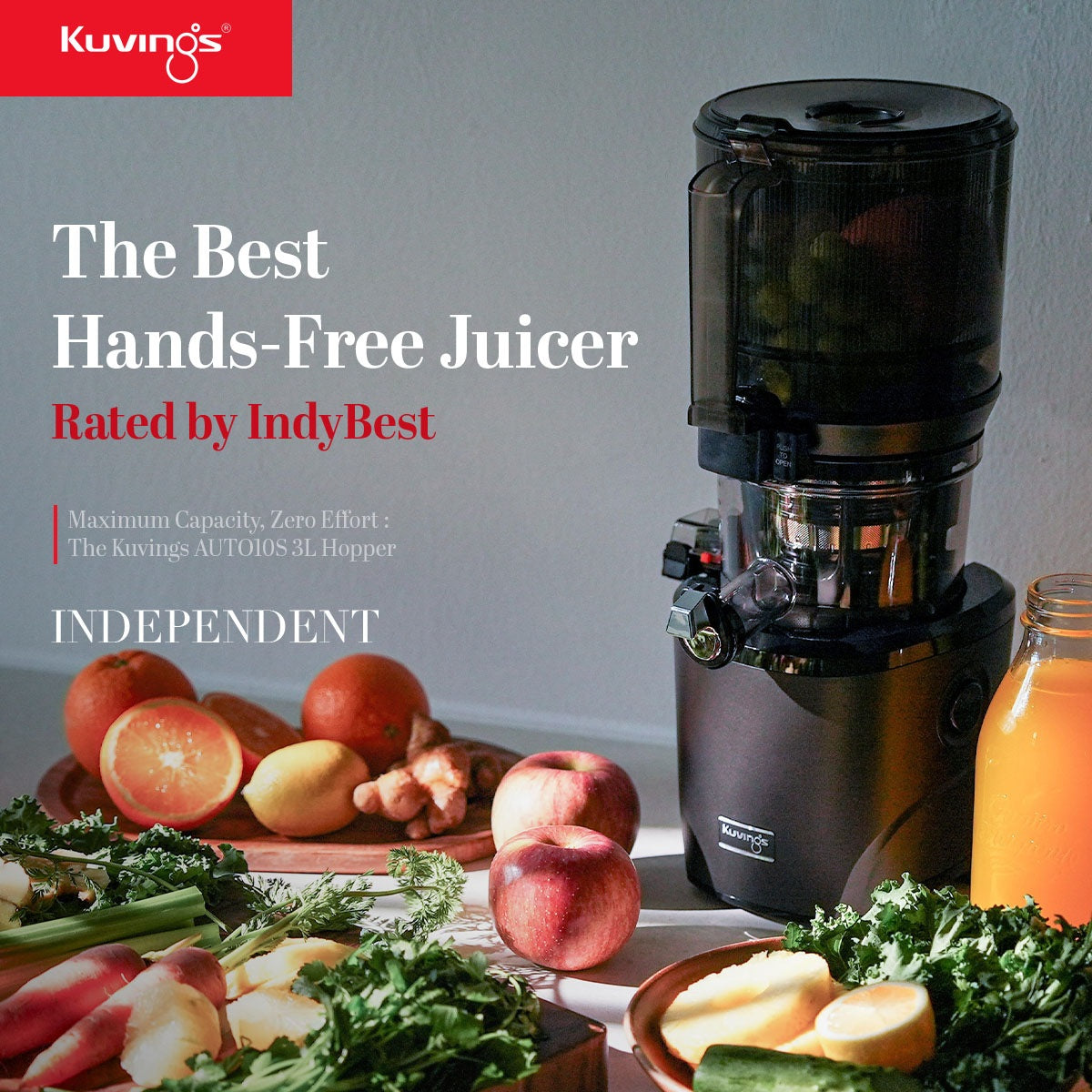 Kuvings AUTO10S Featured by The Independent for Hands-Free Whole Fruit Juicing